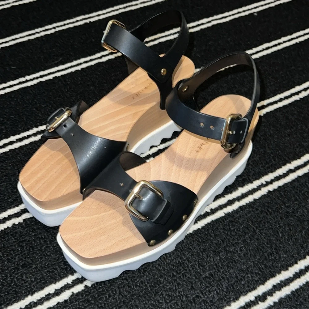 Stella McCartney Black White Elyse Wedge Wood Platform Buckle Sandals